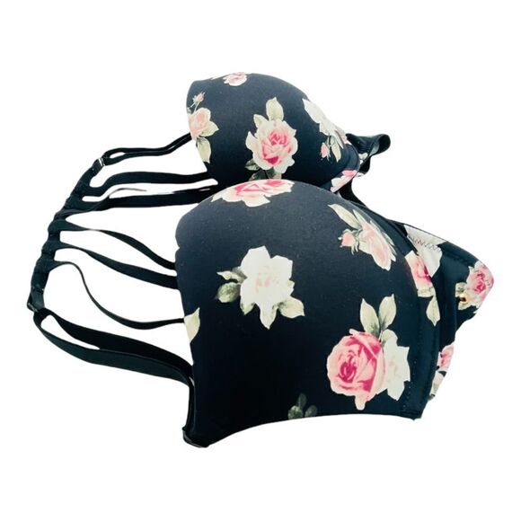Victoria’s Secret PINK Push Up Black and Pink Floral Bra Size 32D - Picture 1 of 4